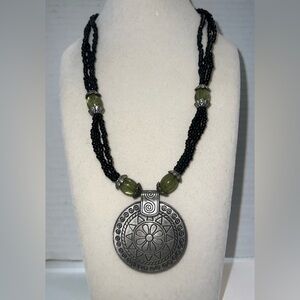 Boho Tribal Pendant Necklace Black Beaded Chain‎ Statement Chunky Chunky